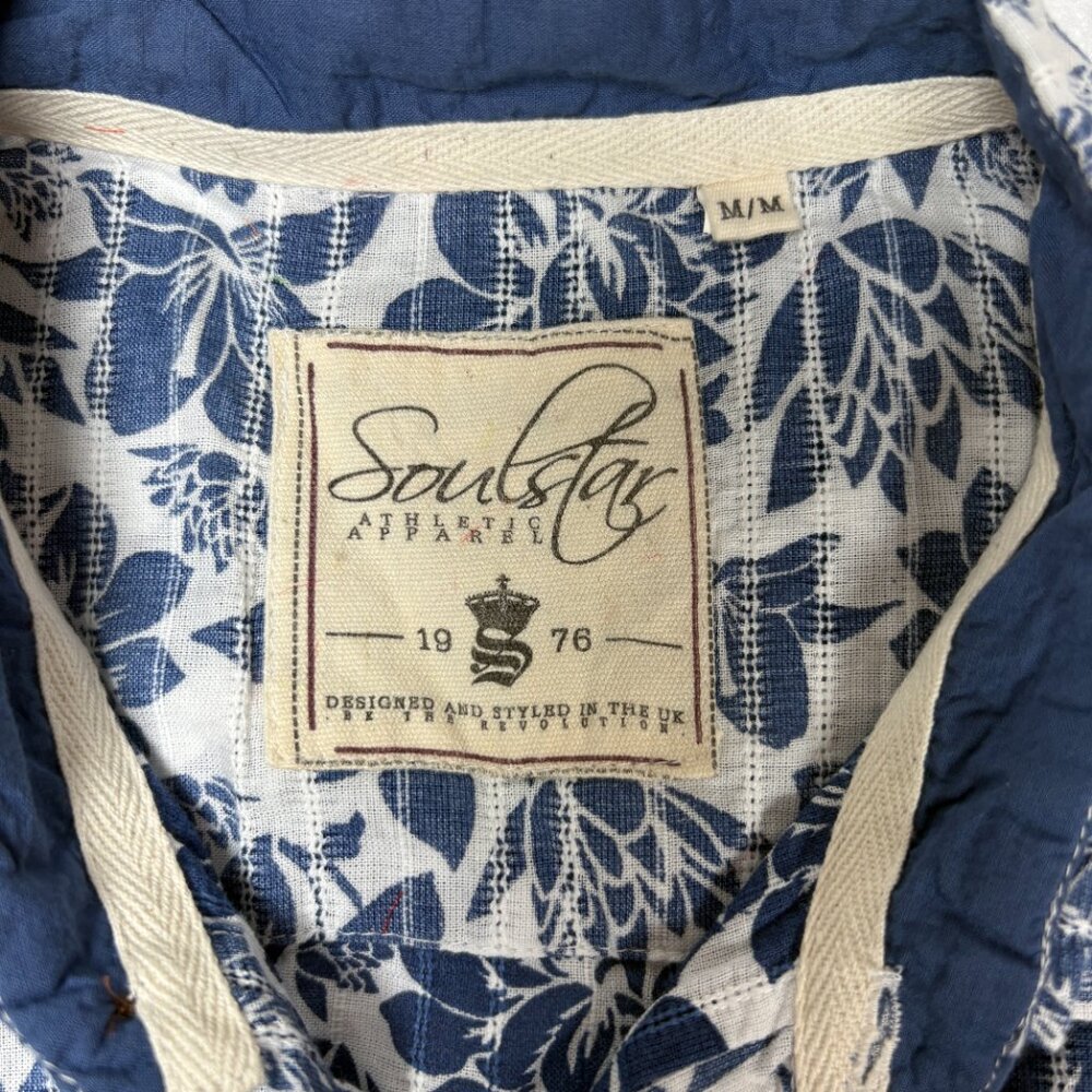 Soul Star Men’s Floral Print Button Short Shirt Blue/White Hawaiian Botanical M - Picture 5 of 7